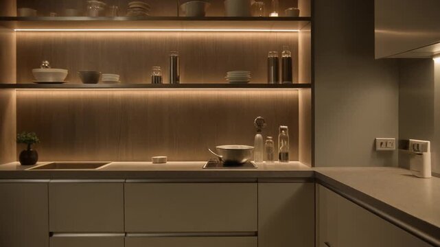Modern kitchen interior with sleek cabinets and illuminated shelves showcasing kitchenware and utensils in a minimalist setting