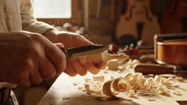 A skilled artisan meticulously carves a wooden violin bow, capturing the warmth and detail of the woodworking craft, ideal for highlighting craftsmans