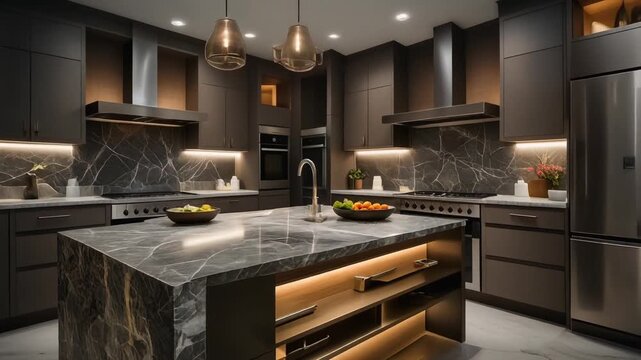 Modern kitchen interior with marble island and dark cabinets, viewed from the side, showcasing sleek appliances and warm lighting