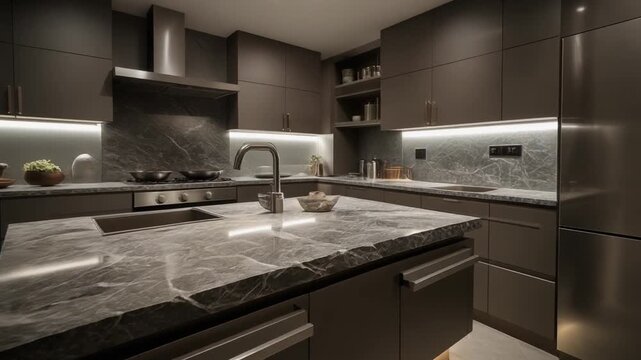 Modern kitchen interior with sleek granite countertop and stainless steel appliances viewed from the side