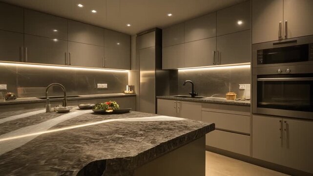 Modern kitchen interior with sleek countertops, under-cabinet lighting, and stainless steel appliances viewed from a central island.