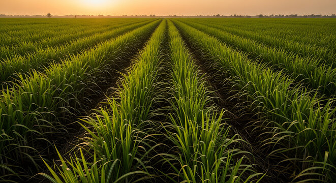 Vast sugarcane plantation field with parallel rows of crops duri