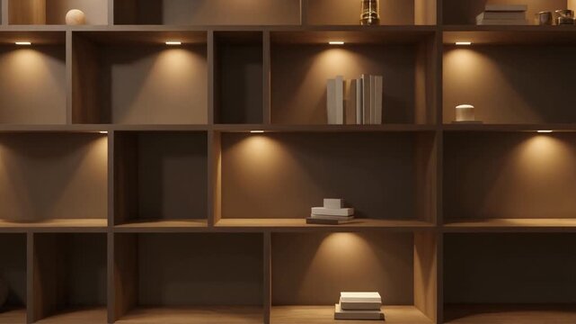 A serene indoor scene featuring a wooden shelving unit with books and objects illuminated from within