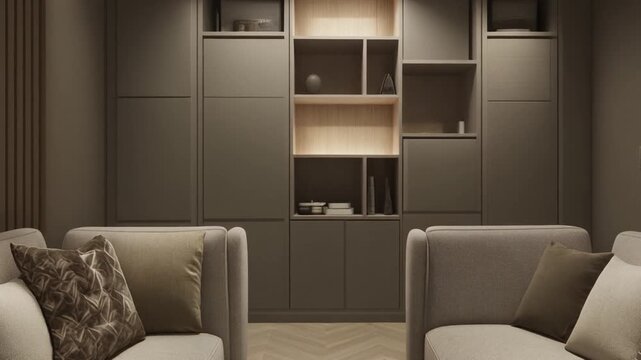Modern living room interior with beige sofas and patterned pillows in a minimalist setting with built-in shelving units