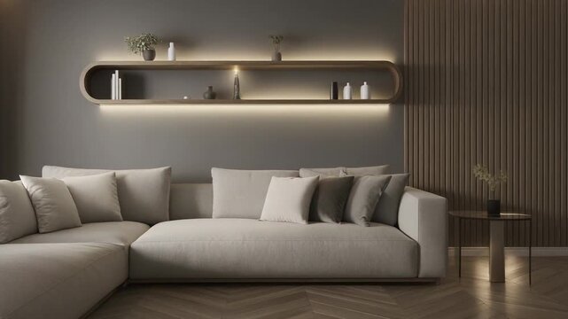 Modern living room interior with sofa, pillows, shelf, and lamp on wooden floor