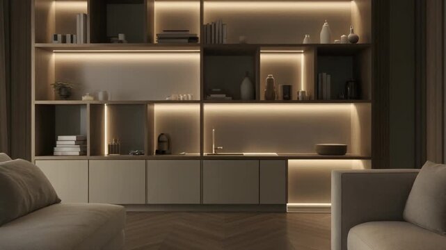 Modern living room interior with illuminated shelves and comfortable seating viewed from a cozy perspective
