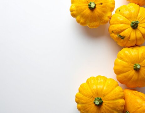 Bright yellow squash on smooth white background for kitchen decor or recipe design