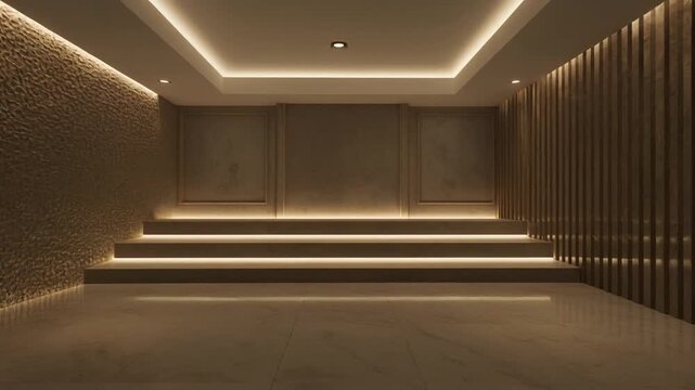 Modern staircase with illuminated steps in a minimalist interior viewed from the front