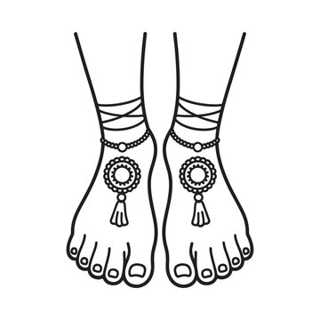 Line art illustration of two feet adorned with detailed anklets