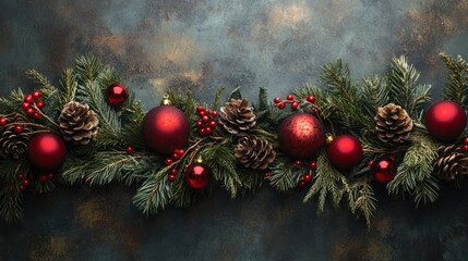 Festive Christmas Garland with Red Ornaments and Pine Cones.