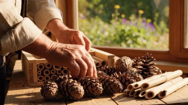 A person is carefully arranging bamboo reeds and pinecones on a wooden table, evoking a sense of calm and mindfulness in a serene natural setting. Ide