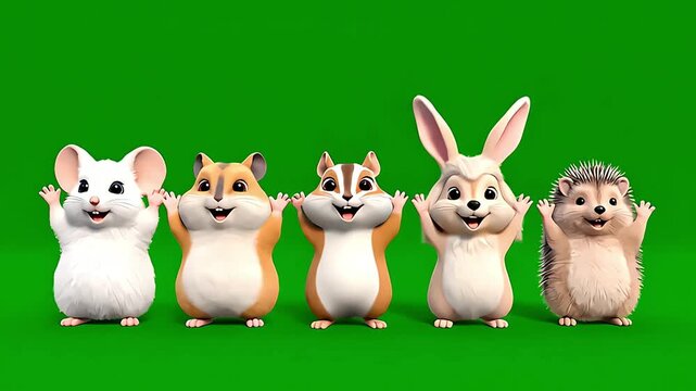 Cute Animated Animals Dancing Group of Rodents and Rabbit on Green Screen Background