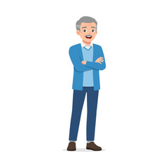 Fototapeta premium An elderly Asian man smiling confidently with arms crossed in a friendly happy mood