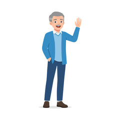 Obraz premium Friendly senior man smiling and waving with one hand while standing with other hand in pocket wearing blue jacket