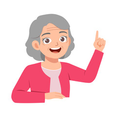 Happy elderly woman smiling and pointing finger up with a cheerful and insightful expression