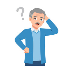 Confused Asian elderly man with hand on head and a question mark above him feeling unsure and forgetful