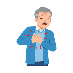 Asian elderly man experiencing chest pain holding his heart with a distressed and unwell expression