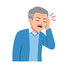 Elderly Asian man experiencing a painful headache with eyes closed and hand on his temple showing discomfort