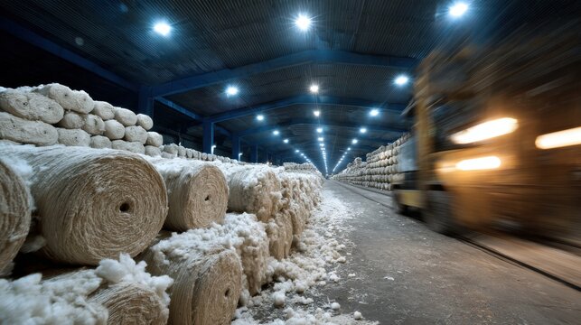 Textile industry cotton bales being unloaded in factory on blurred background 