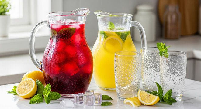 Refreshing summer drinks with lemonade and fruit infused water