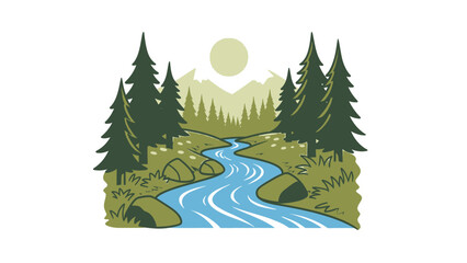 Obraz premium Illustration of River Landscape with Trees.