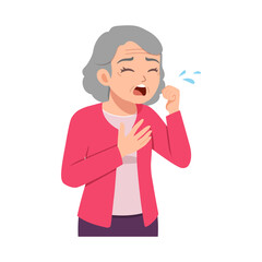 Fototapeta premium Elderly woman senior citizen coughing unhappily feeling unwell with a pained distressed expression in a flat illustration