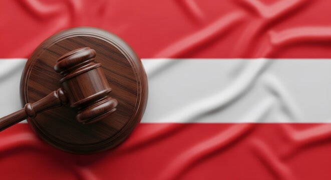 Wooden gavel resting on a rippled Austrian flag, symbolizing law, justice, and the legal system in Austria.