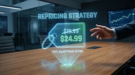 Holographic Repricing Strategy Displayed on a Conference Table.