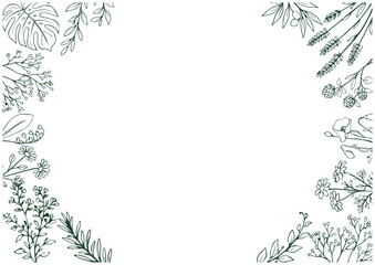 Obraz premium 手描きボタニカル線画上下円形装飾フレーム（緑一色）／Hand Drawn Botanical Green Line Art Top and Bottom Frame