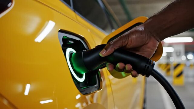 Green energy transition. African American hand plugs the EV charger into the yellow car for electric vehicle technology promotion.