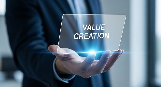Business professional holding a tablet displaying the concept of value creation