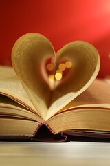 Love. Open book with pages folded in heart shape on table, closeup