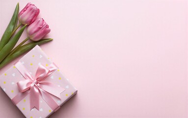 Pink tulips and gift box on soft pink background, elegant and minimal.