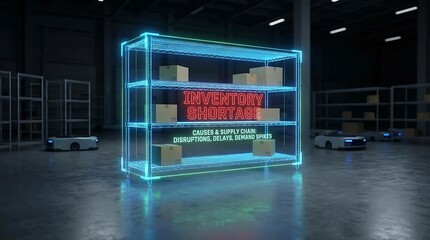 Futuristic Warehouse with Holographic Shelving and Autonomous Robots.