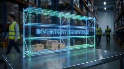 Holographic Display Shows Inventory Shortage in Warehouse with Workers.