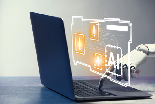 Robot using laptop, virtual screen above computer showing AI microchip and warning notifications. Artificial intelligence safety