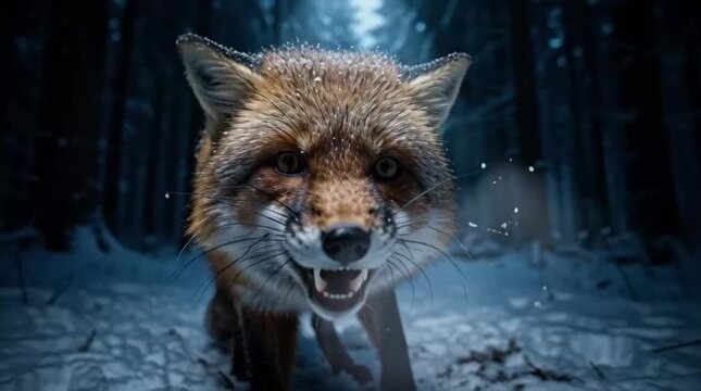 Angry Fox Bares Fangs In Dark Winter Forest