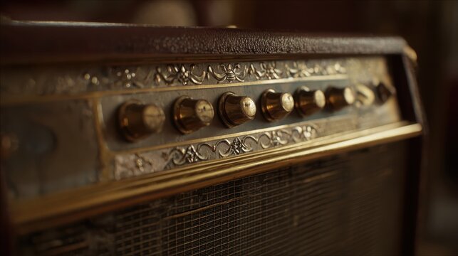 Close-up of vintage amplifier with polished brass knobs and ornate detailing
