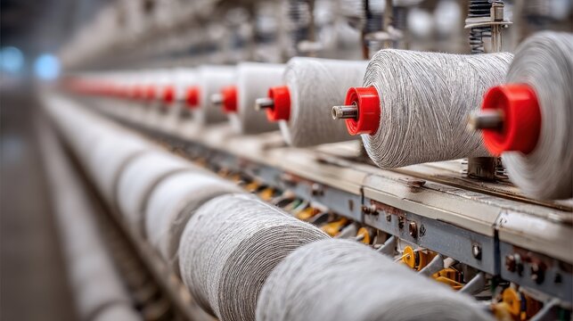 machines interlacing threads into fabric rolls on blurred background 
