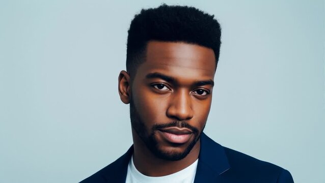 Close-Up Portrait of a Confident Young Black Man in a Blue Suit Jacket