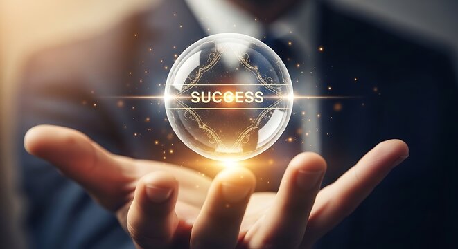 A person holding a glowing orb with the word success in the center.