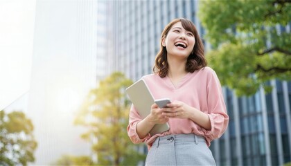オフィス街で大笑いするピンクブラウスの女性