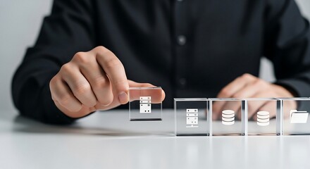 Mans Hand Selecting Digital Data Cubes on a Table.