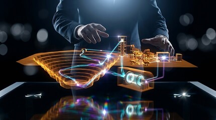 Futuristic DJ manipulating holographic sound waves and digital music interface.