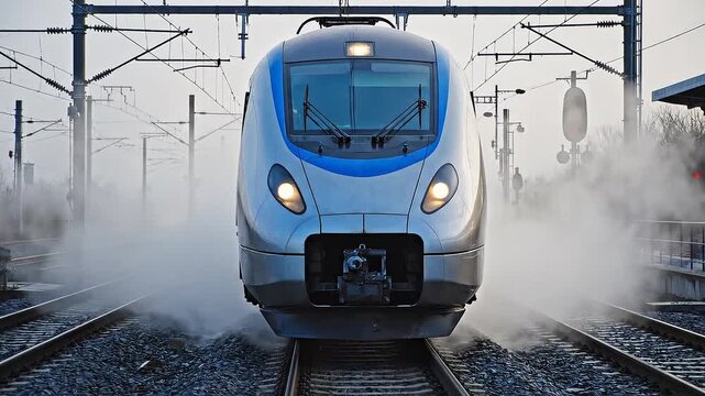 Modern train moving on railroad tracks with speed and power