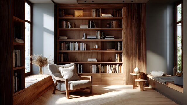 A luxury living room interior features a wooden bookcase and stylish furniture, blending home decor with a functional study space and elegant architecture