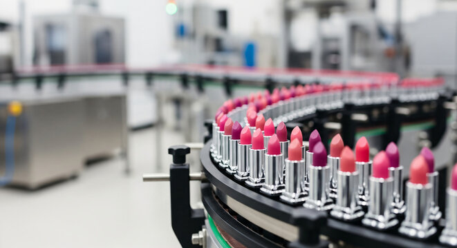Manufacturing process of lipsticks on a production line in an industrial setting