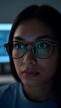 Focused Asian female programmer with green code reflection in glasses working in a dark blue cyber environment, illustrating software development and cybersecurity concepts.