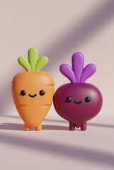 Cute 3D Carrot and Cucumber Cartoon Characters Isolated on Neutral Background