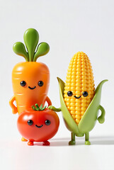 Cute 3D Carrot and Cucumber Cartoon Characters Isolated on Neutral Background